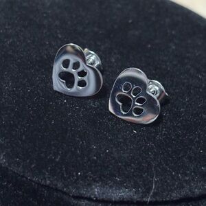 Paw Print Heart Earrings - Stainless Steel, Stud-Style Earrings, Cat Kitty Dog